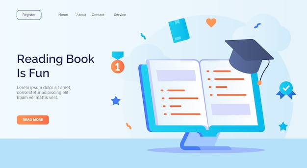 Premium Vector Reading Book Is Fun Open Book Toga Icon Campaign For Web Website Home Homepage Landing Template Banner With Cartoon Flat Style