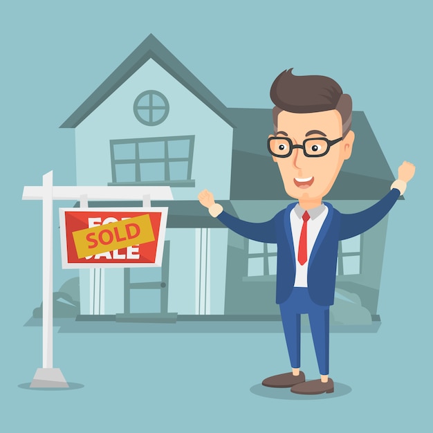 Premium Vector | Real estate agent with sold placard.