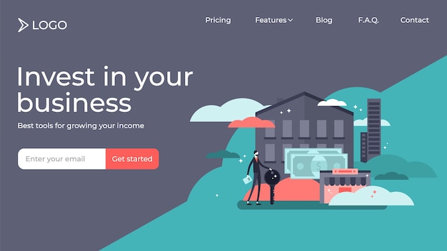 Real estate investing flat tiny persons vector illustration landing page template design Premium Vector