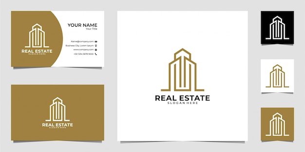 Real estate line art logo design and business card Premium Vector