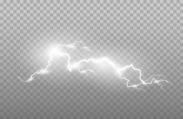 透明な背景に分離された雷と明るい光の効果のリアリズム 明るい閃光と強い雷 プレミアムベクター