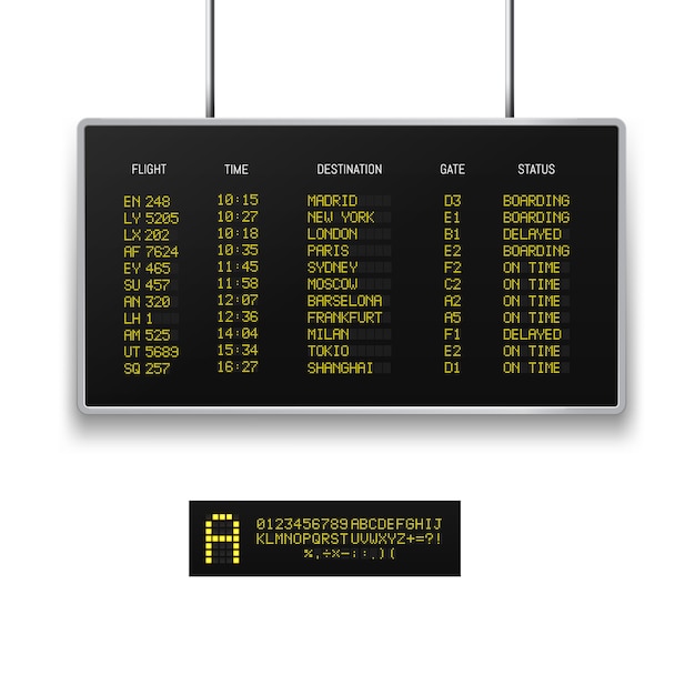 リアルな3dデジタルled空港掲示板とフライトスケジュール プレミアムベクター