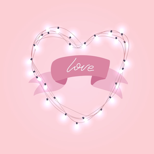 Realistic 3d electric bulb in heart shaped frame with rpink ribbon and love text. Premium Vector