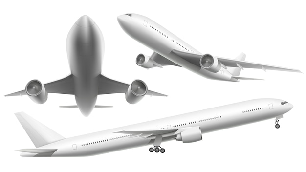 現実的な航空機 旅客機 空飛ぶ飛行機 さまざまなビューの分離イラストの飛行機 プレミアムベクター