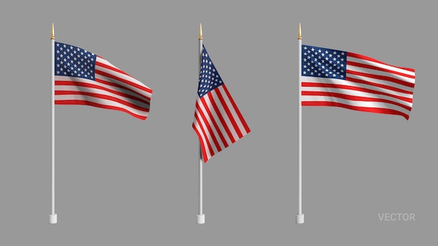 現実的なアメリカの国旗 アメリカの旗を振っています 広告繊維ベクトルフラグ 製品 広告 Webバナー チラシ 証明書 はがきのテンプレートです プレミアムベクター