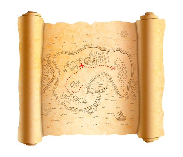 Premium Vector Realistic Ancient Pirate Map Of Island On Old Scroll With Red Path To Treasure