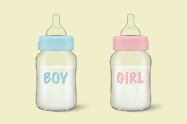 男の子 青 と女の子 ピンク アイコンセットのクローズアップの2つの哺乳瓶で現実的な赤ちゃん母親の母乳 グラフィック用の無菌空乳容器テンプレート プレミアムベクター