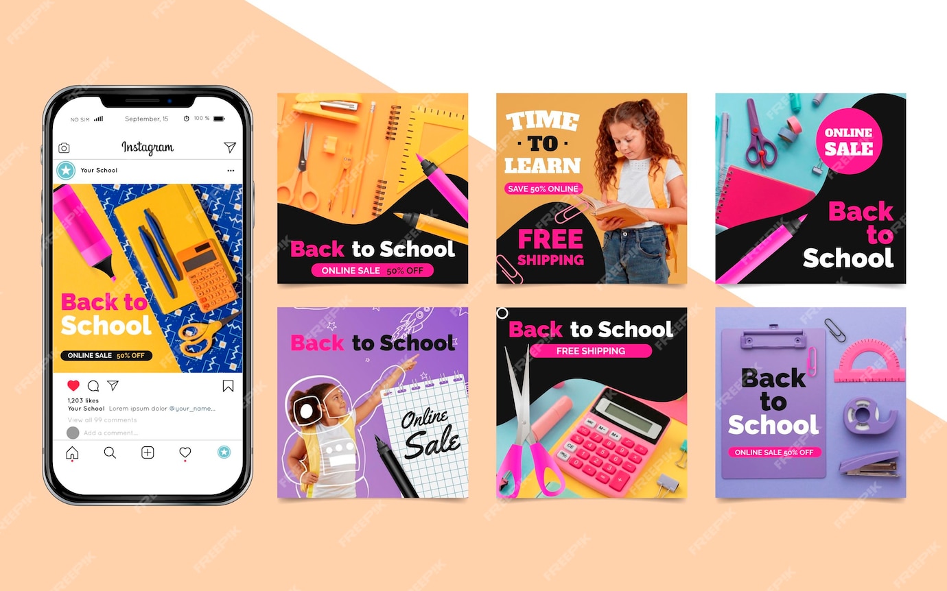 Free Vector Realistic Back To School Instagram Posts Collection With free-vector-realistic-back-to-school-instagram-posts-collection-with