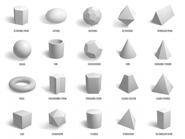 リアルな基本形状 ジオメトリ球 円柱 ピラミッド キューブフォーム 幾何学的形状モデルイラストアイコンセット モデル立方体 球 多角形 六角形グループの構築 プレミアムベクター