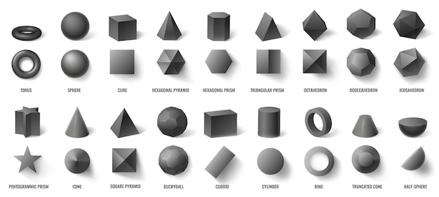 白で隔離された上面図と正面図のリアルな黒の基本的な幾何学的な3d形状 トーラス 球 立方体 六角錐 プリズムベクトルイラストなどの3次元オブジェクト プレミアムベクター