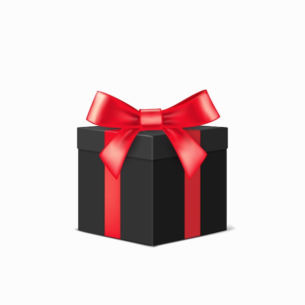 白い背景の上に赤いリボンが付いたリアルな黒のギフトボックス クリスマスデザインイラスト プレミアムベクター