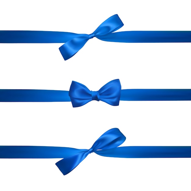 白で隔離の水平の青いリボンとリアルな青い弓 装飾ギフト 挨拶 休日の要素 プレミアムベクター
