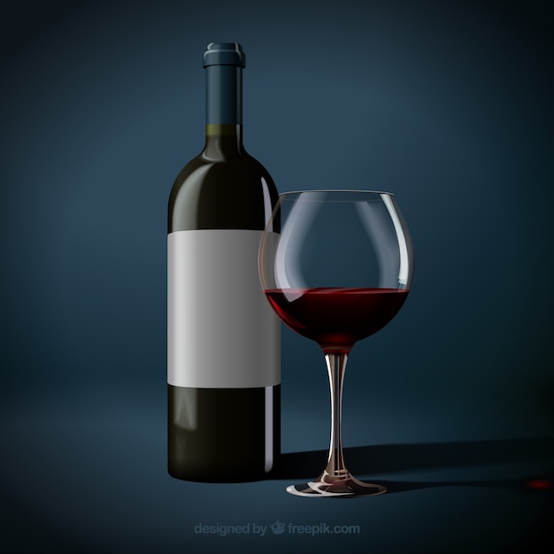 Realistic bottle and glass of red wine