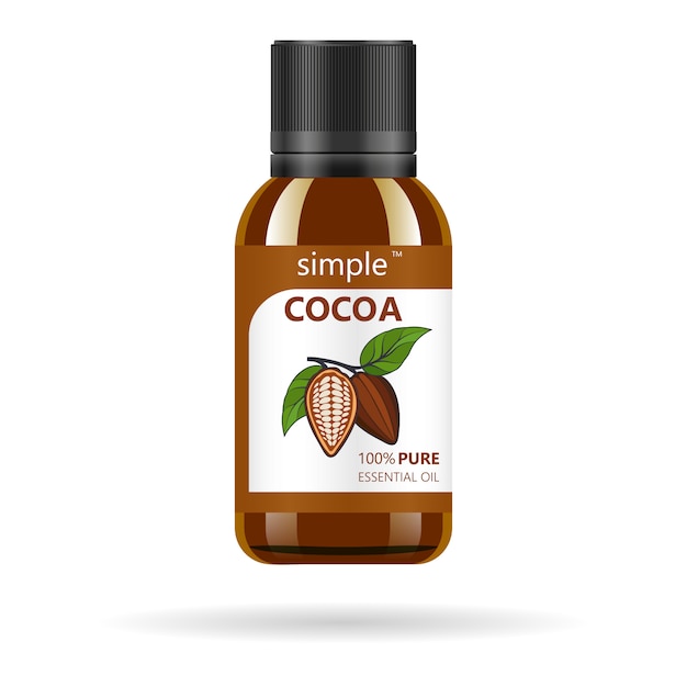 ココア抽出物が付いている現実的な茶色のガラス瓶 美容化粧品オイル カカオ 製品ラベルとロゴのテンプレート 孤立した図 プレミアムベクター