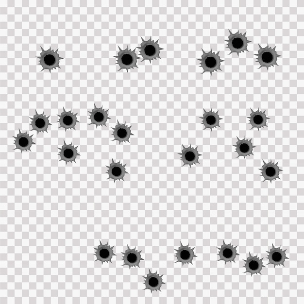 金属板の銃器からの現実的な弾痕は透明な背景に分離されます 弾丸から金属板に破れた穴 イラスト プレミアムベクター