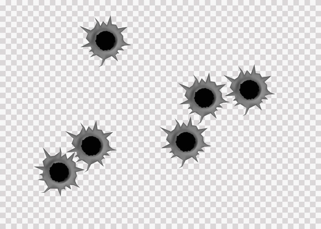 金属板の銃器からの現実的な弾痕は透明な背景に分離されます 弾丸から金属板に破れた穴 イラスト プレミアムベクター