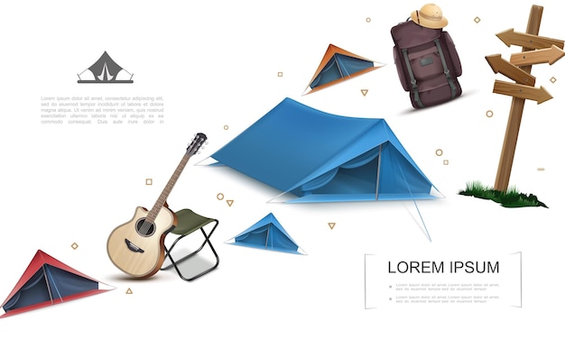 Free Vector Realistic Camping Elements Template With Tents Wooden Signboard Guitar Chair Backpack Pith Hat