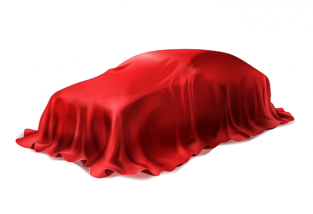 Realistic car covered with red silk isolated on white background. Free Vector