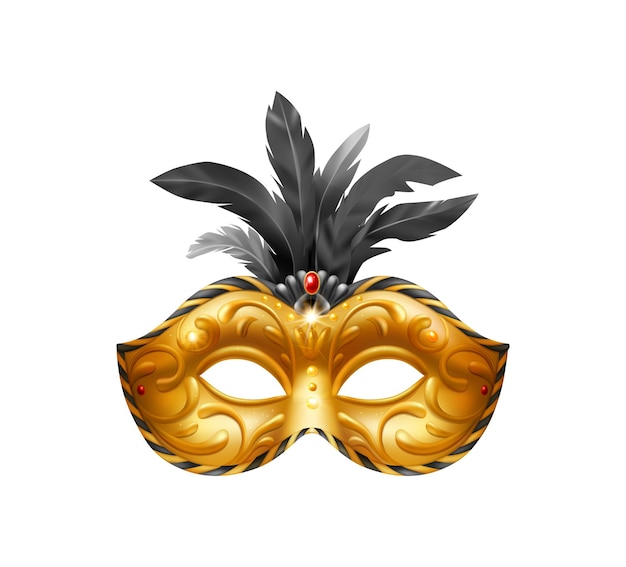 黒羽の金色の仮面舞踏会マスクの孤立したイラストとリアルなカービナルマスクの構成 プレミアムベクター