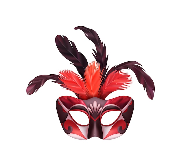 黒と赤の装飾が施された仮面舞踏会マスクの孤立したイラストとリアルなカービナルマスクの構成 無料のベクター