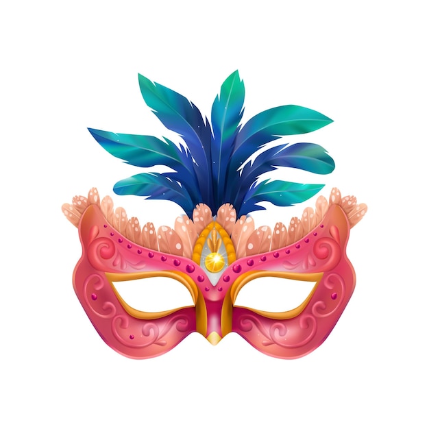青い羽と紫色のボディを持つ仮面舞踏会マスクの孤立したイラストとリアルなカービナルマスクの構成 無料のベクター