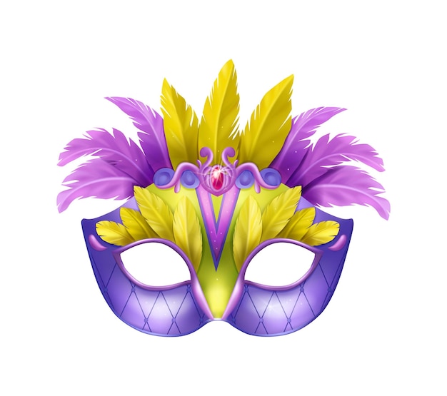 紫と黄色の羽を持つ仮面舞踏会マスクの孤立したイラストとリアルなカービナルマスクの構成 プレミアムベクター