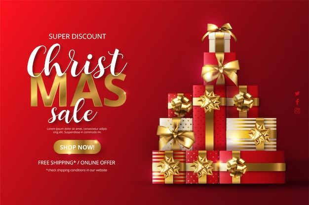 Realistic christmas sale background with tree made of presents Free Vector