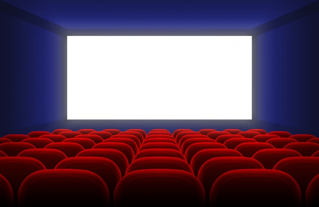 空白の白い画面と赤い座席ベクトルイラストリアルな映画館ホールのインテリア プレミアムベクター