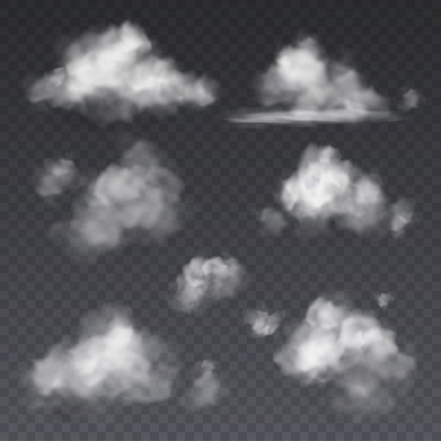 現実的なクラウド 透明な背景セットに分離された白い雲ふわふわ空霧フレーム プレミアムベクター
