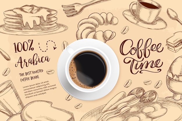 Realistic coffee background with drawings Free Vector