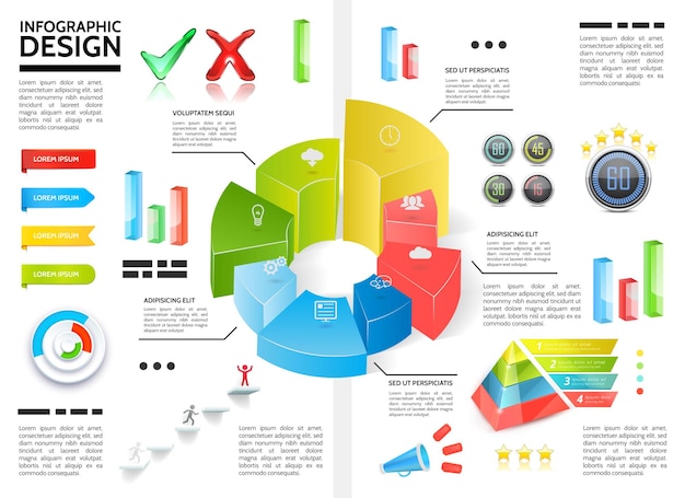 円図チャートピラミッドリボンチェックマークメガホンバービジネスアイコンイラストとリアルなカラフルなインフォグラフィック 無料のベクター