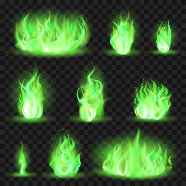リアルな色の火 緑の燃えるような炎 魔法のゲームの炎 色の炎イラストアイコンセットの燃焼の噴出 緑の有毒な燃焼 ゲームの炎色コレクション プレミアムベクター
