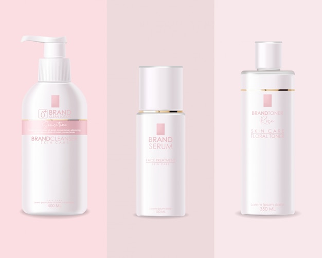 Realistic cosmetics, pink design, white bottle set, packaging mockup, skin care, hydration cream ...