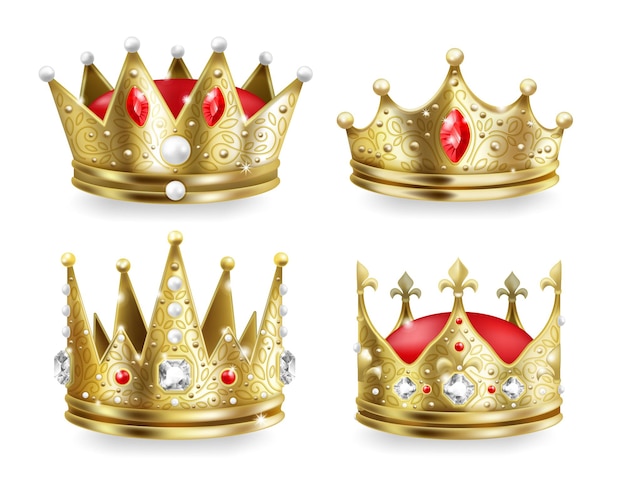 リアルな王冠 キングスアンドクイーンズゴールデンロイヤルヘッドドレス 3d中世皇帝の豪華なコレクション ベクトルイラスト は 豪華な宝石と宝石のセットでキイロカサギの王冠を分離しました プレミアムベクター