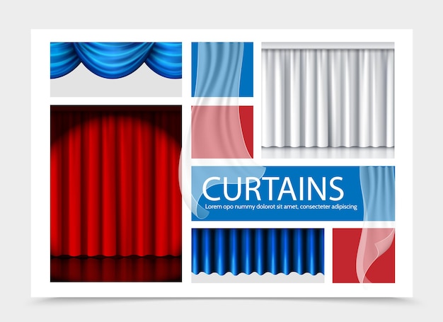 異なる質感のイラストの青白赤の美しいカーテンとリアルなカーテンの構成 無料のベクター