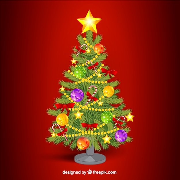 Download Free Vector Realistic Decorated Christmas Tree On A Red Background PSD Mockup Templates