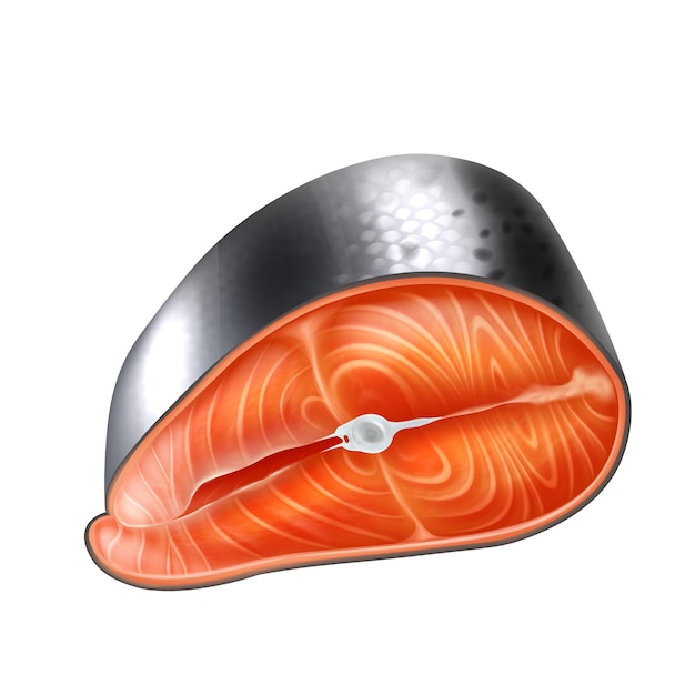 リアルな詳細な3d生鮭スライスベクトルリアルな孤立したイラスト 新鮮な魚のシーフードの切り身 マスの新鮮なステーキまたは赤い魚 プレミアムベクター