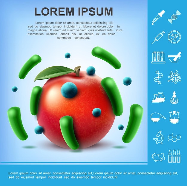 果物や実験室の研究イラストにさまざまな細菌や細菌が描かれたリアルな汚れたリンゴのポスター プレミアムベクター