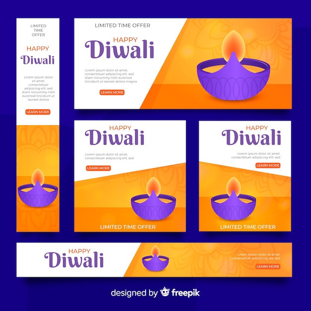 Realistic diwali web banners with candle in a bowl Free Vector