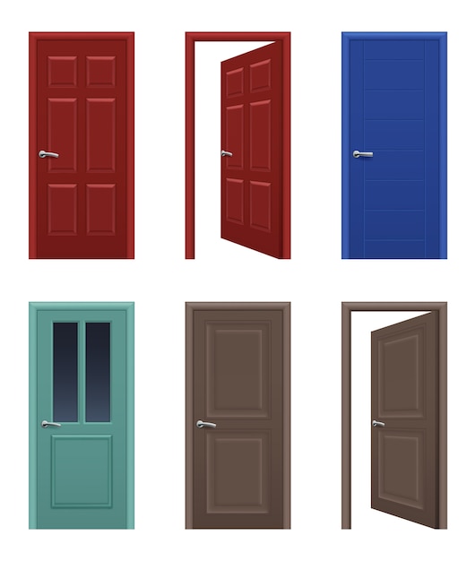 リアルなドア 開閉アパートの玄関ドアは色違い インテリアハウスとオフィスのドアのイラスト プレミアムベクター