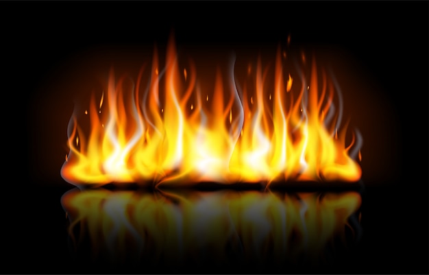 黒の背景に分離された反射と現実的な編集可能な火の炎 デザインと装飾のための火花と特別な燃焼光の効果 たき火背景イラスト プレミアムベクター