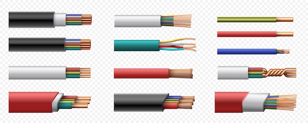  Realistic electric power coaxial cables with copper wire. 3d intertwined cable with plastic safety 