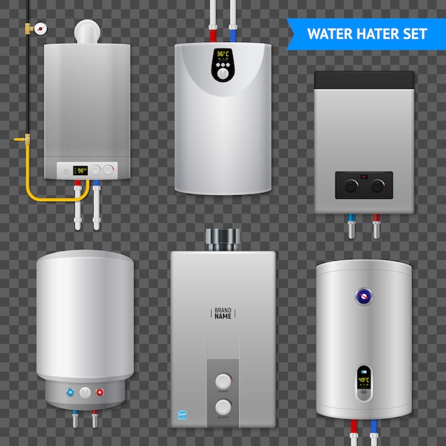 Realistic Electric Water Heater Boiler Transparent Icon Set With