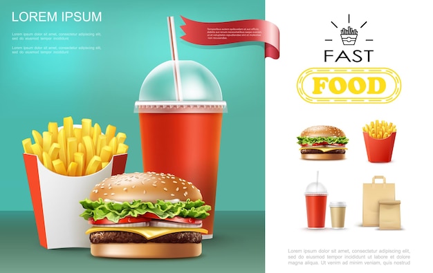 Free Vector Realistic Fast Food Template With Soda And Coffee Cups French Fries Cheeseburger 7159