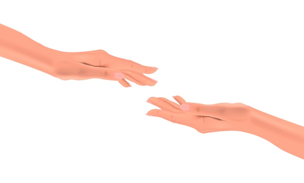 プレミアムベクター 孤立した背景 添付ファイル イラストの概念でお互いに手を伸ばす現実的な女性の手