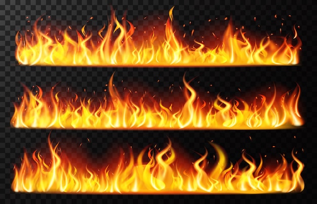 現実的な炎の境界 水平方向の火炎 赤い燃焼炎の境界線 燃えるような線図セットを燃焼します 現実的な火の光 たき火の炎のインフェルノ プレミアムベクター