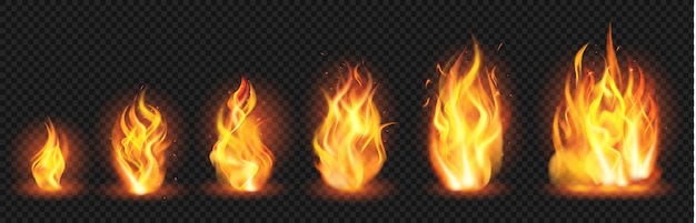 プレミアムベクター 現実的な炎の概念 フレアファイアーブレイズ さまざまなサイズの炎の噴出 成長する山火事の炎のイラスト セット ブレイズバーン 熱い炎 たき火が透明に発火