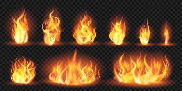 リアルな炎 赤い山火事の炎 炎の燃えるような噴出を燃やして たき火のシルエットイラストセットを燃やします 燃えるような赤 野火の炎 燃える炎 プレミアムベクター
