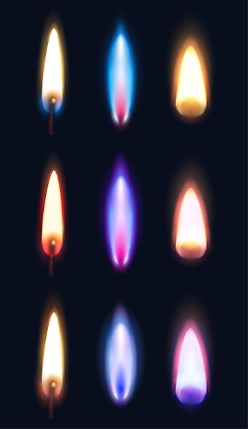 無料のベクター さまざまな形とマッチのライターとキャンドルのイラストの色の現実的な炎