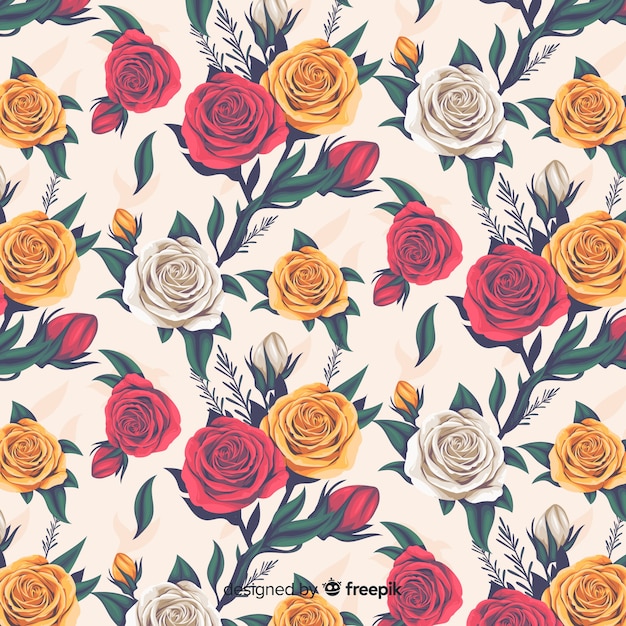 Realistic floral decorative pattern with roses | Free Vector